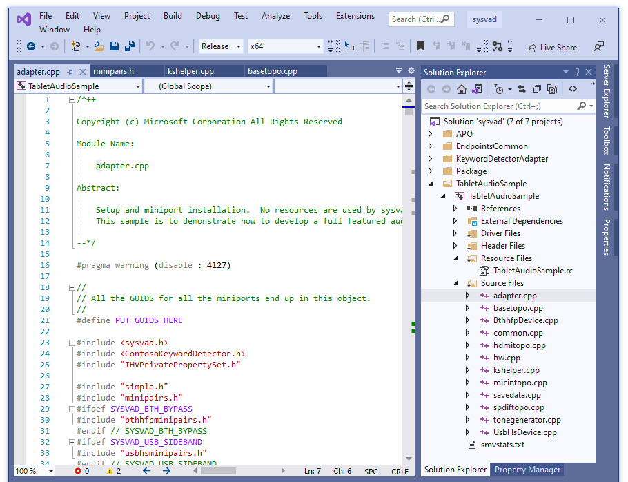 Screenshot von Visual Studio mit der aus dem Sysvad-Projekt geladenen adapter.cpp Datei.