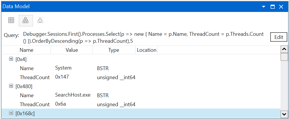 Screenshot des Datenmodellfensters mit Prozessen und Threads in WinDbg.