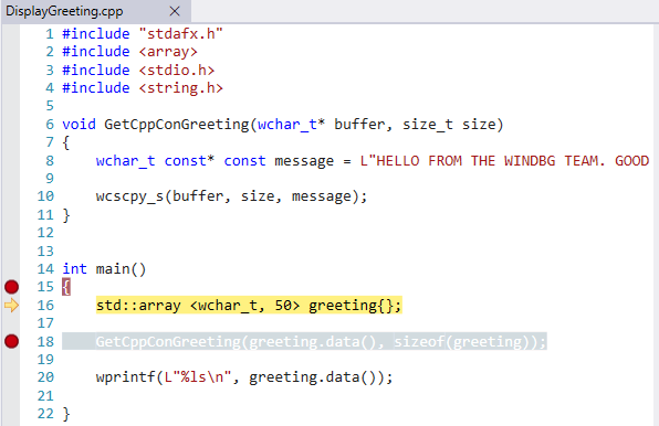 Screenshot des Quellcodefensters in WinDbg mit Hervorhebung der Syntax.