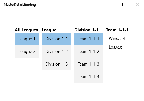 Screenshot einer Master-/Detailansicht einer Sporthierarchie. Die Ansicht umfasst Ligan, Divisionen und Teams.