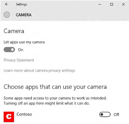 Screenshot der Datenschutzeinstellungen der Windows-Kamera.