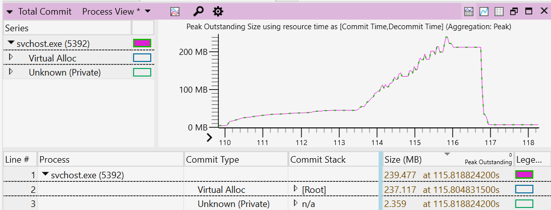 Screenshot der Speicherablaufverfolgung für windows Performance Analyzer