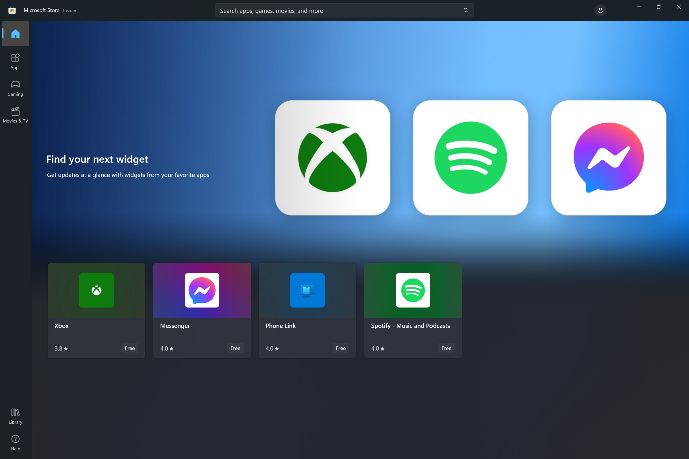 Screenshot des Microsoft Store, der die Widget-Sammlung zeigt, mit der Benutzer Apps entdecken können, die Windows Widgets enthalten.
