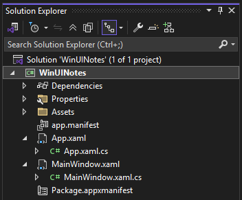 Projektmappen-Explorer mit den Dateien für ein WinUI-Projekt in Visual Studio.