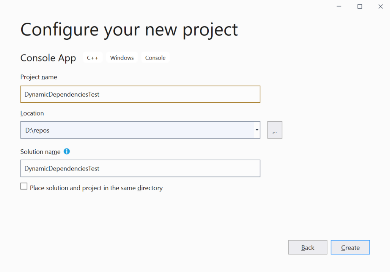 Screenshot zum Benennen einer neuen C++-App in Visual Studio