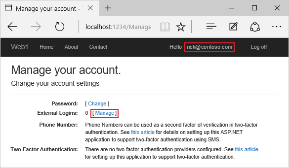 Screenshot that shows zero external (social logins) associated with the authenticated account. The Management link is highlighted.