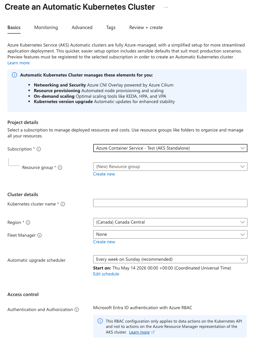 The screenshot of the Create - Basics Tab for an AKS Automatic cluster in the Azure portal.