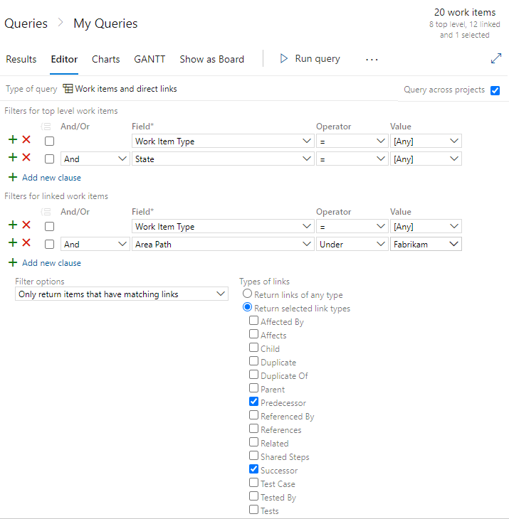 Screenshot that shows a direct links query in the web portal.