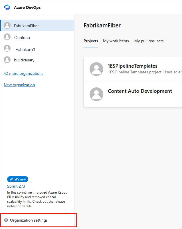 Screenshot showing Open Organization settings.