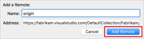 Screenshot that shows how to add a remote to the local Git repo for your Xcode project to connect to Azure DevOps Services.