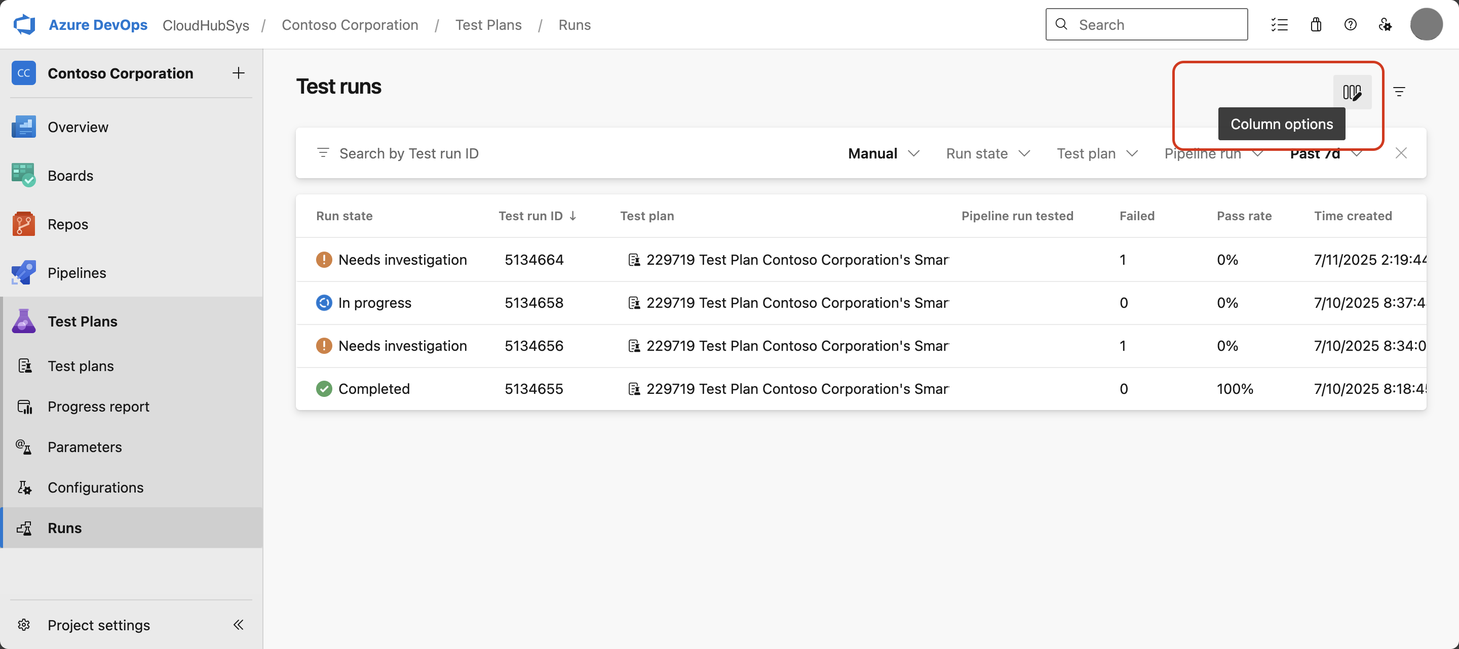 Screenshot showing the Column options dialog with available column selections.