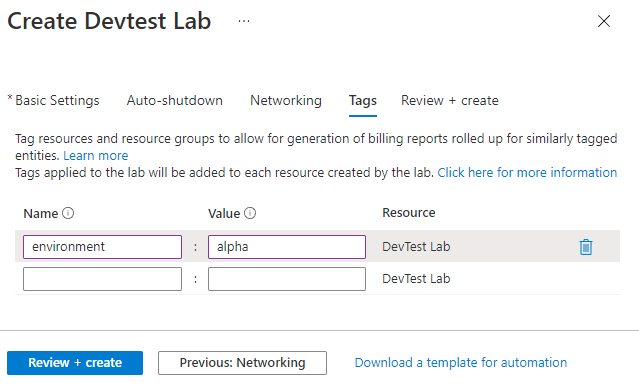 Screenshot of the Tags tab in the DevTest Labs creation form.