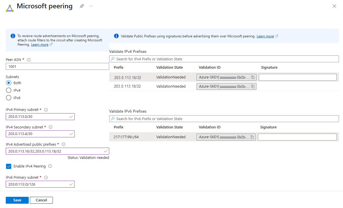 Screenshot showing the Validation ID field in the Azure portal for ExpressRoute Microsoft peering.