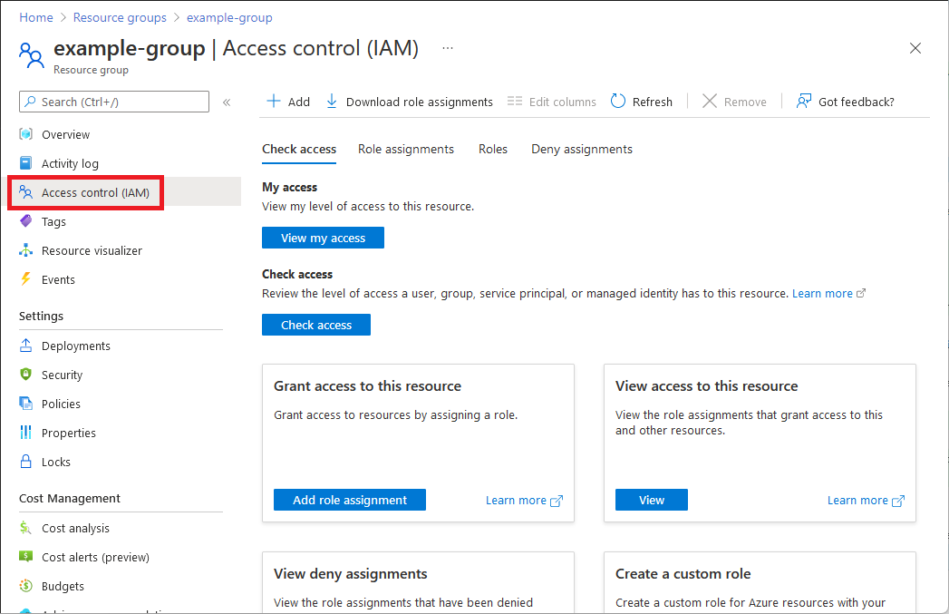 Screenshot of resource group access control and Check access tab.