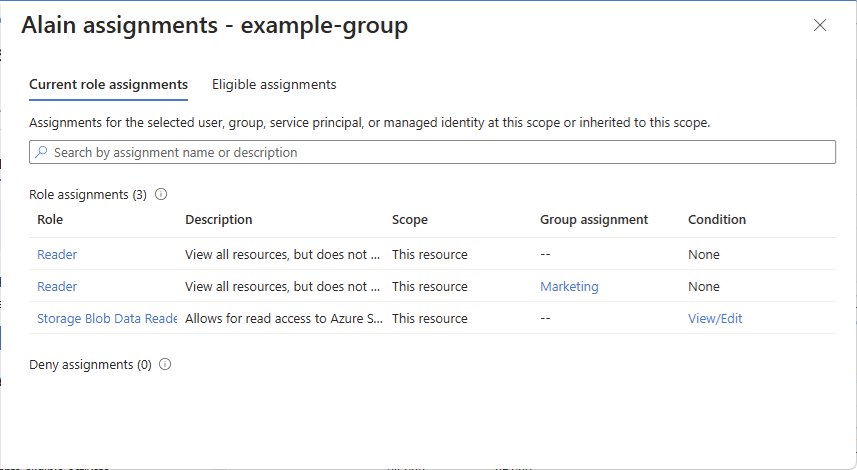 Screenshot of assignments pane.