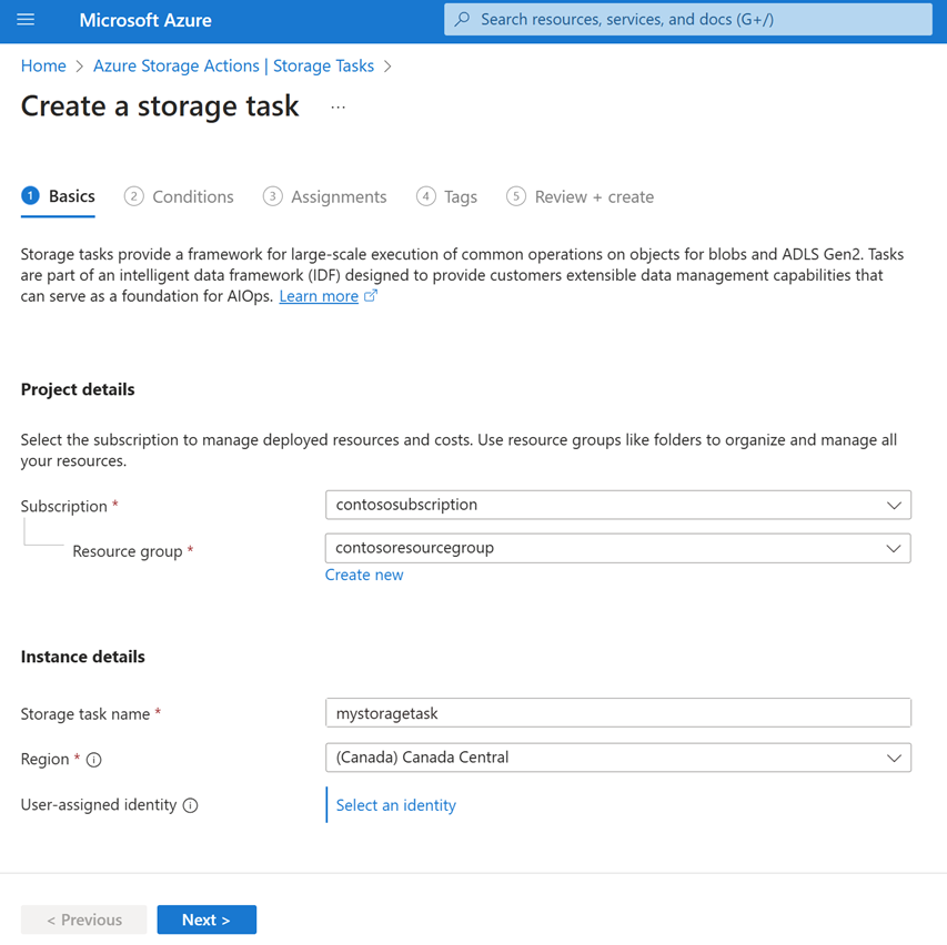 Screenshot of basics tab of the storage task create experience.