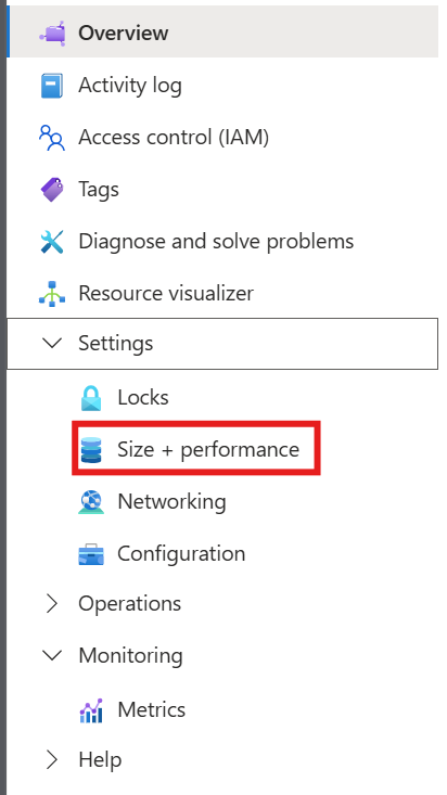 A screenshot of the "Change size and performance" button in the file share overview.
