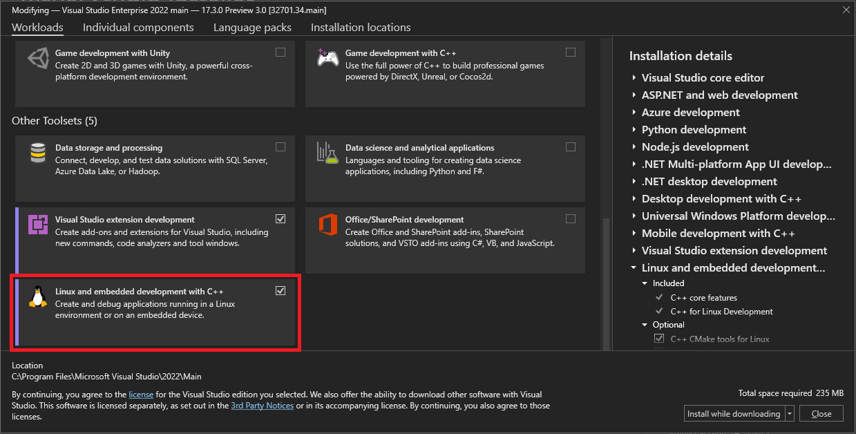 Screenshot showing the Microsoft C++ for Linux Development workload item in Visual Studio Installer.