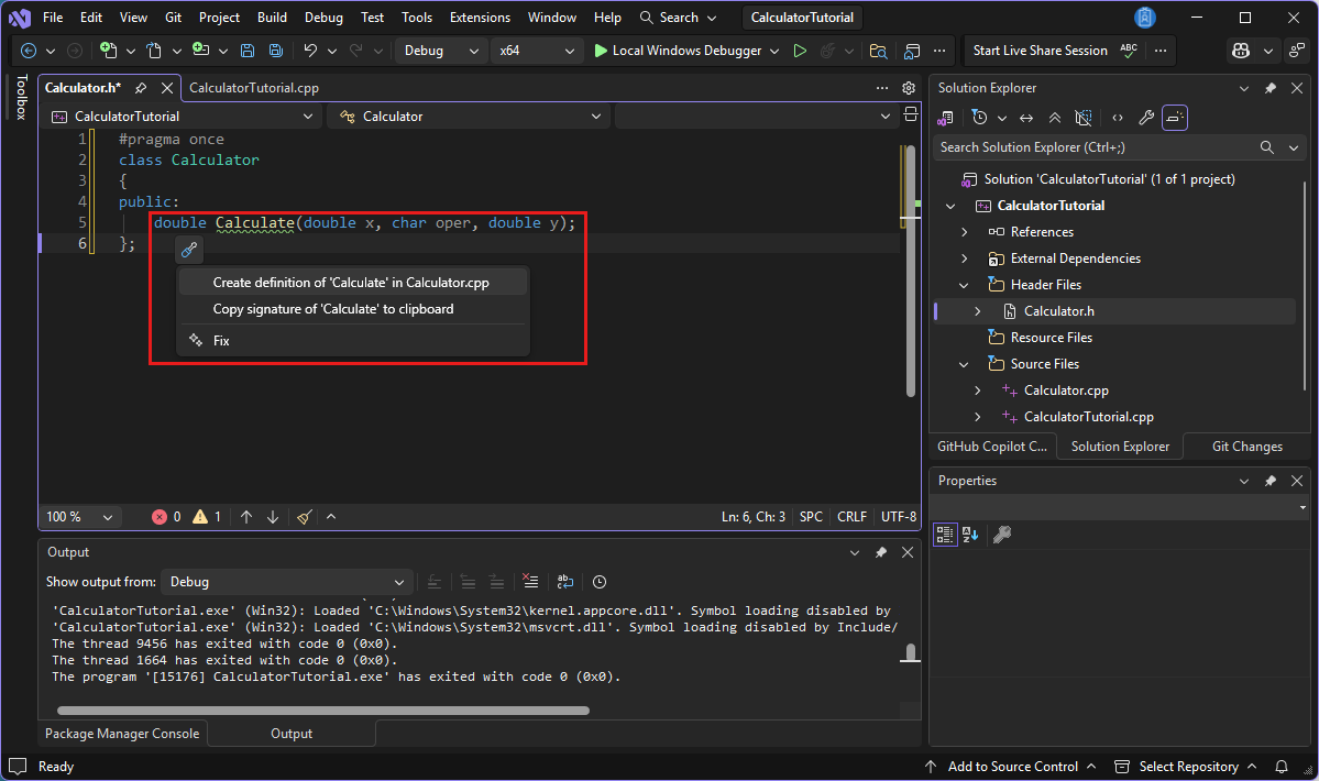 Screenshot of a screwdriver dropdown in the Visual Studio editor window with the option 'Create definition of Calculate in Calculator.cpp' highlighted.