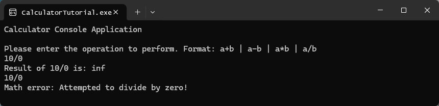 Screenshot of a console window showing the final output after implementing changes to handle division by zero.