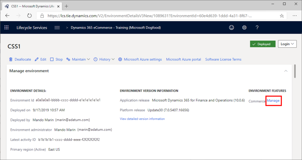 Screenshot of Environment features in LCS project dashboard.