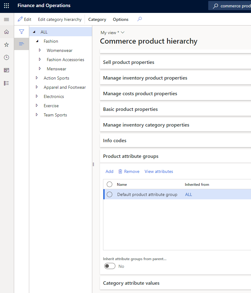 Screenshot of the Product attribute groups FastTab on the Commerce product hierarchy page.