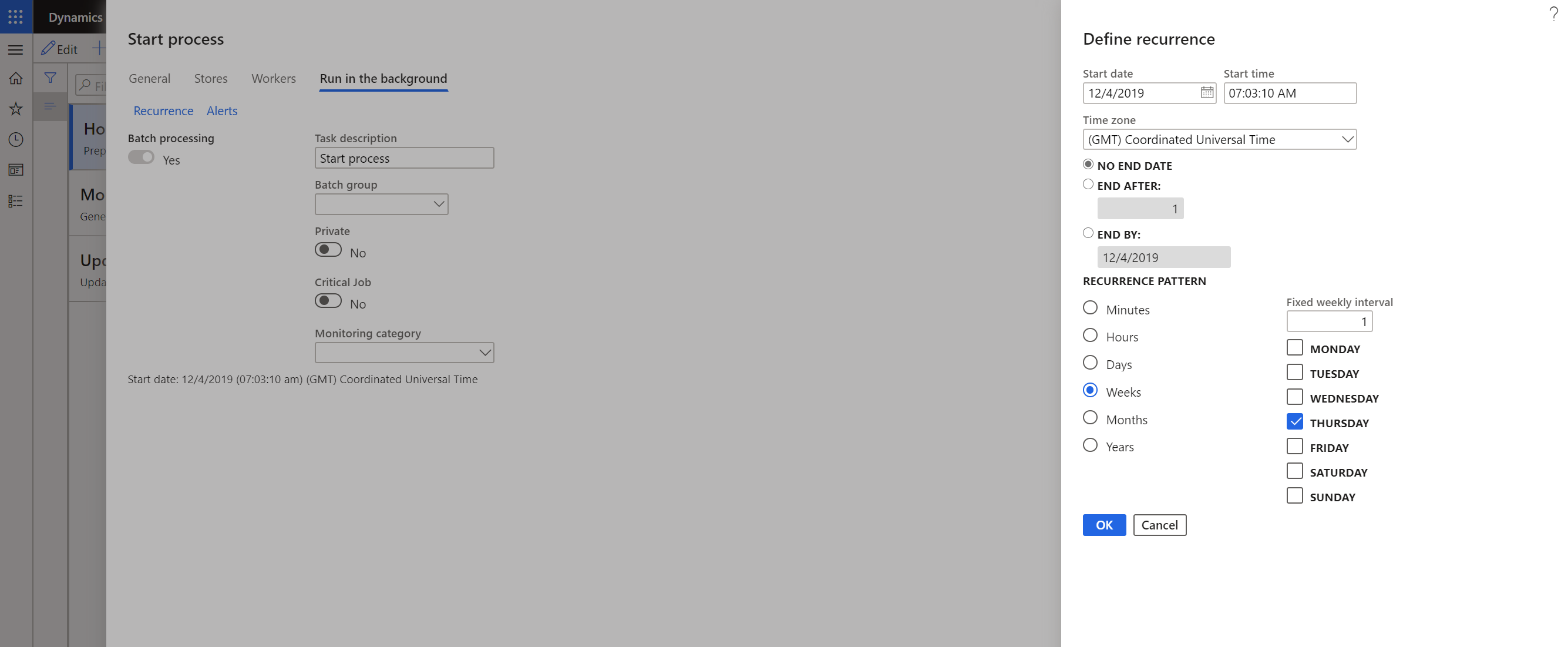 Screenshot of entering frequency criteria in the Define recurrence dialog box.