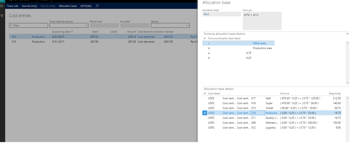 Screenshot of calculations per cost object.
