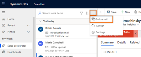 Screenshot of selecting Bulk email from More options.