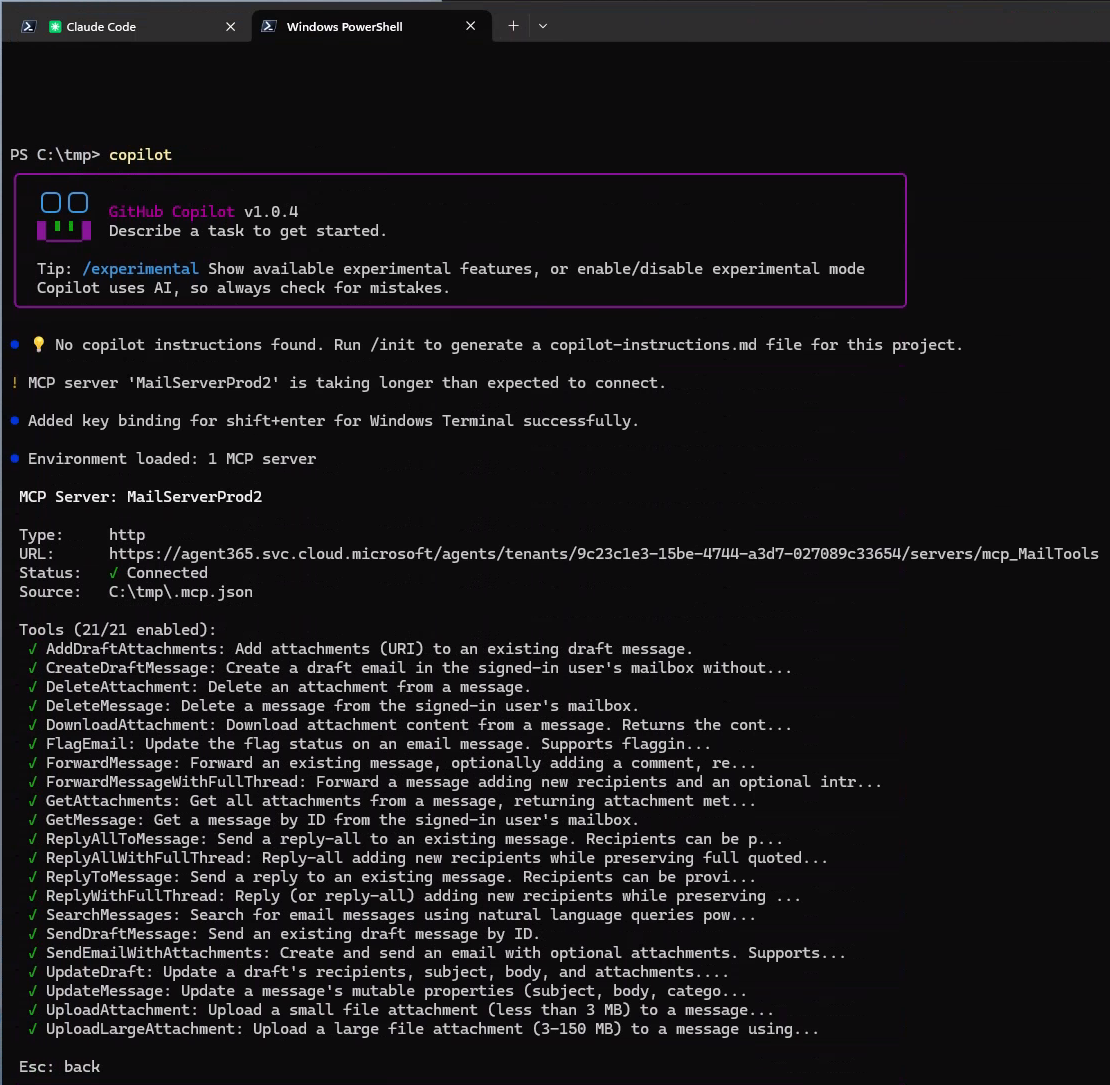 Screenshot of a Windows PowerShell console session where GitHub Copilot CLI is being used to interact with the MCP server.