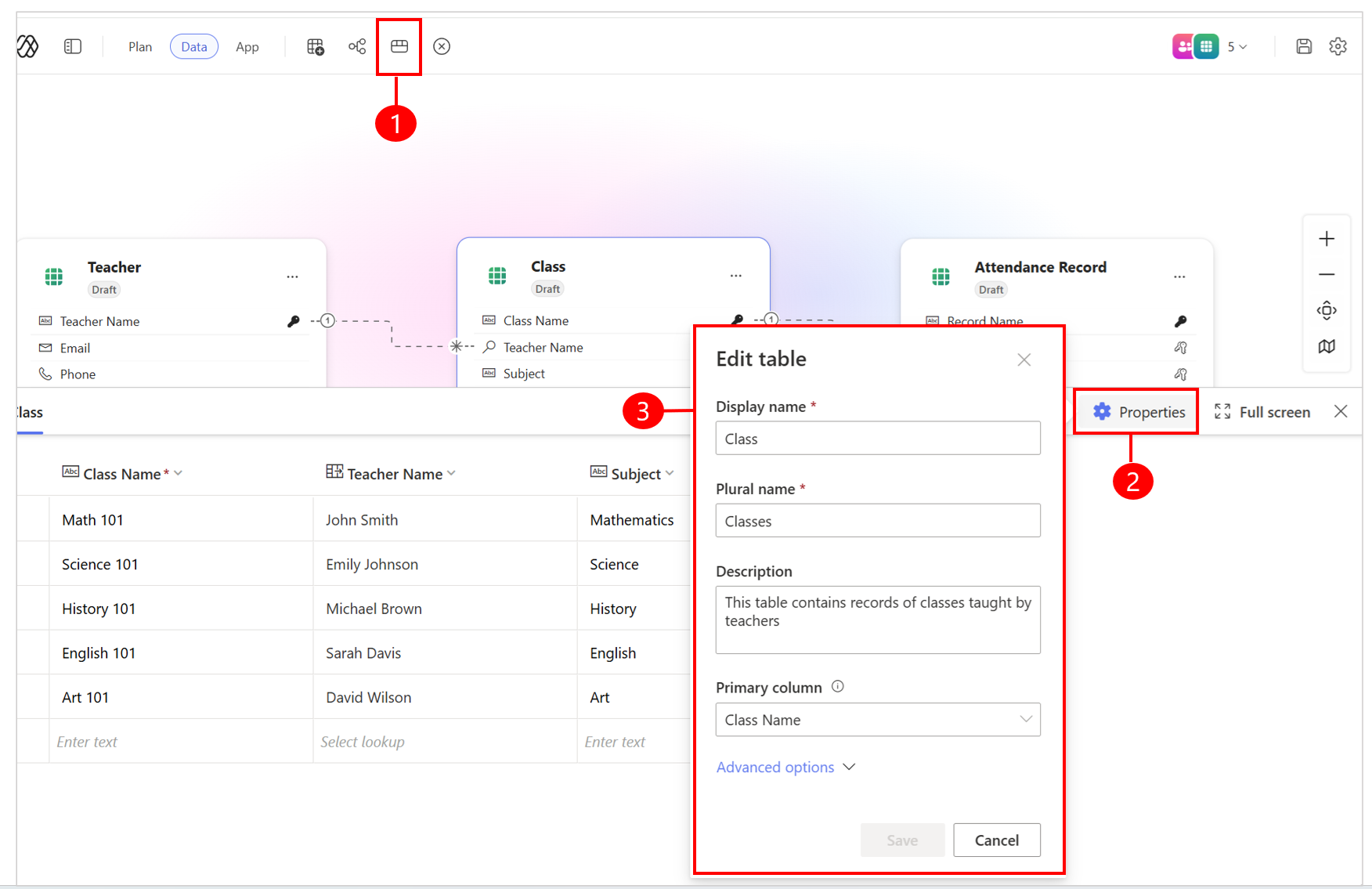 Edit table properties