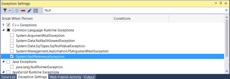 Screenshot that shows the Exception Settings dialog box.