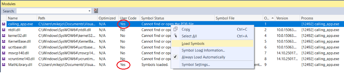 Screenshot that shows how to view symbol information in the Modules window.