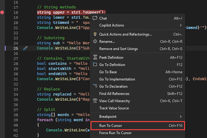 Screenshot that shows the Run To Cursor option.