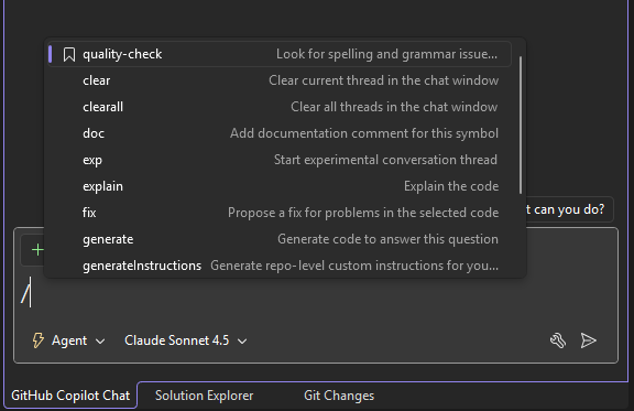 Screenshot of IntelliSense list showing custom prompts with bookmark icons at the top after typing slash.