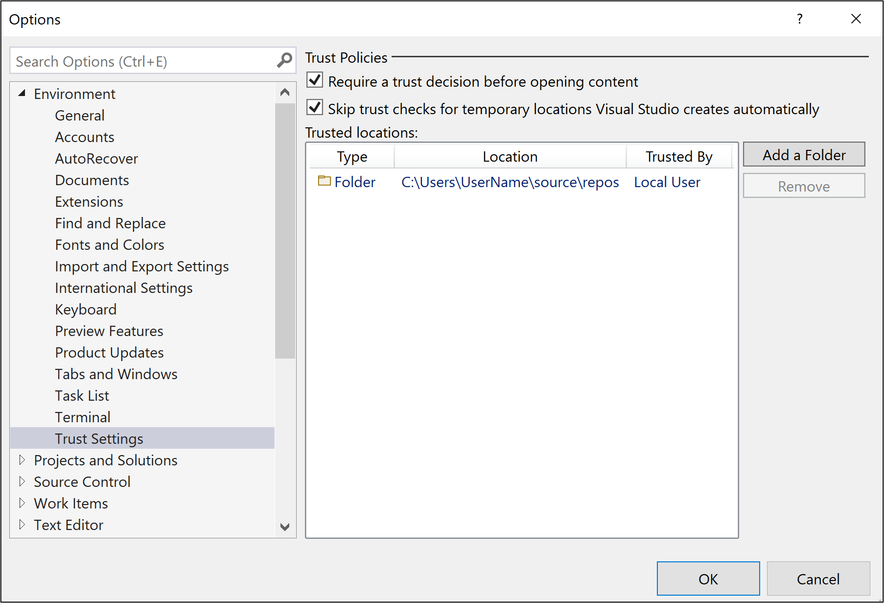 Screenshot showing a folder added to the Trusted locations list.
