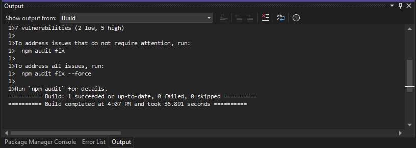 Screenshot of the Output window in Visual Studio 2022 showing minimal build output.