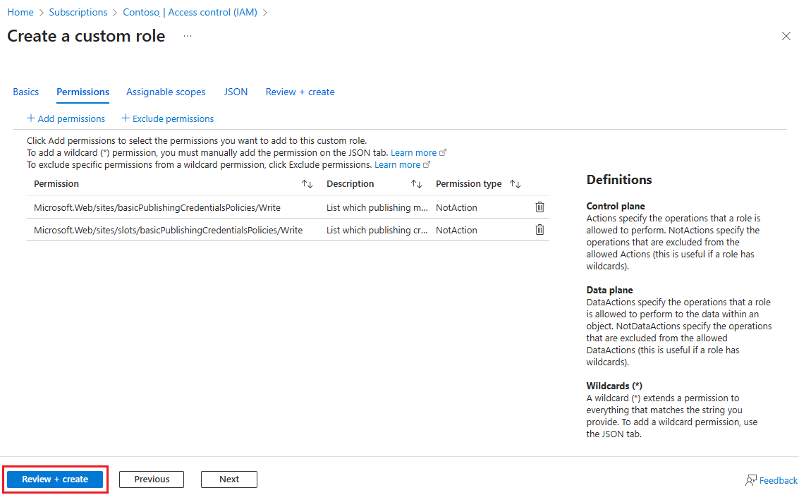 Screenshot che mostra l'esclusione di Write per basicPublishingCredentialsPolicies.
