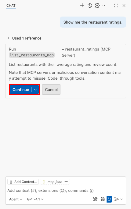 Screenshot che mostra il messaggio di sicurezza predefinito da una chiamata MCP in GitHub Copilot Chat.