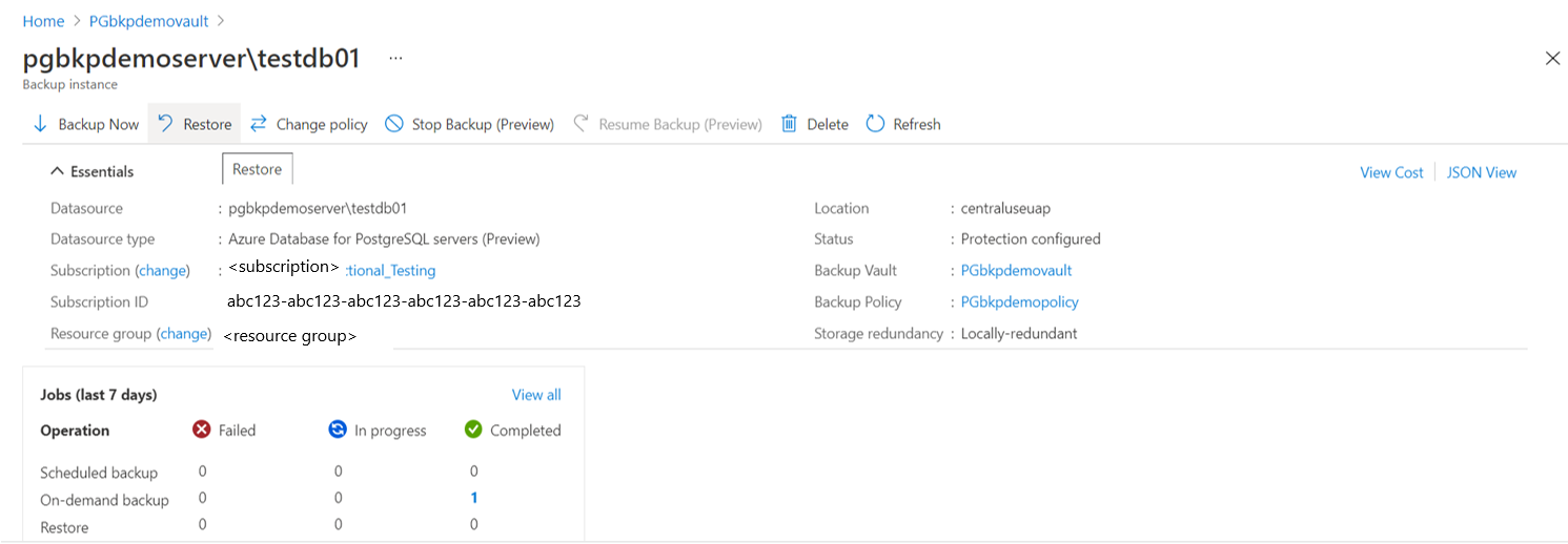 Screenshot che mostra i dettagli per un'istanza di backup.
