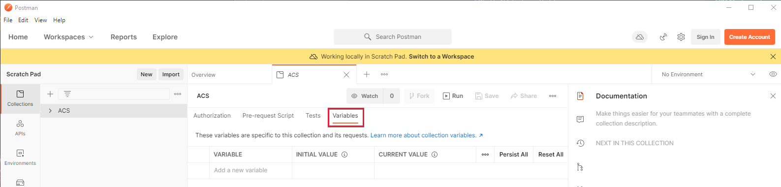 Screenshot che mostra Postman con la scheda Variabili di Servizi di comunicazione.