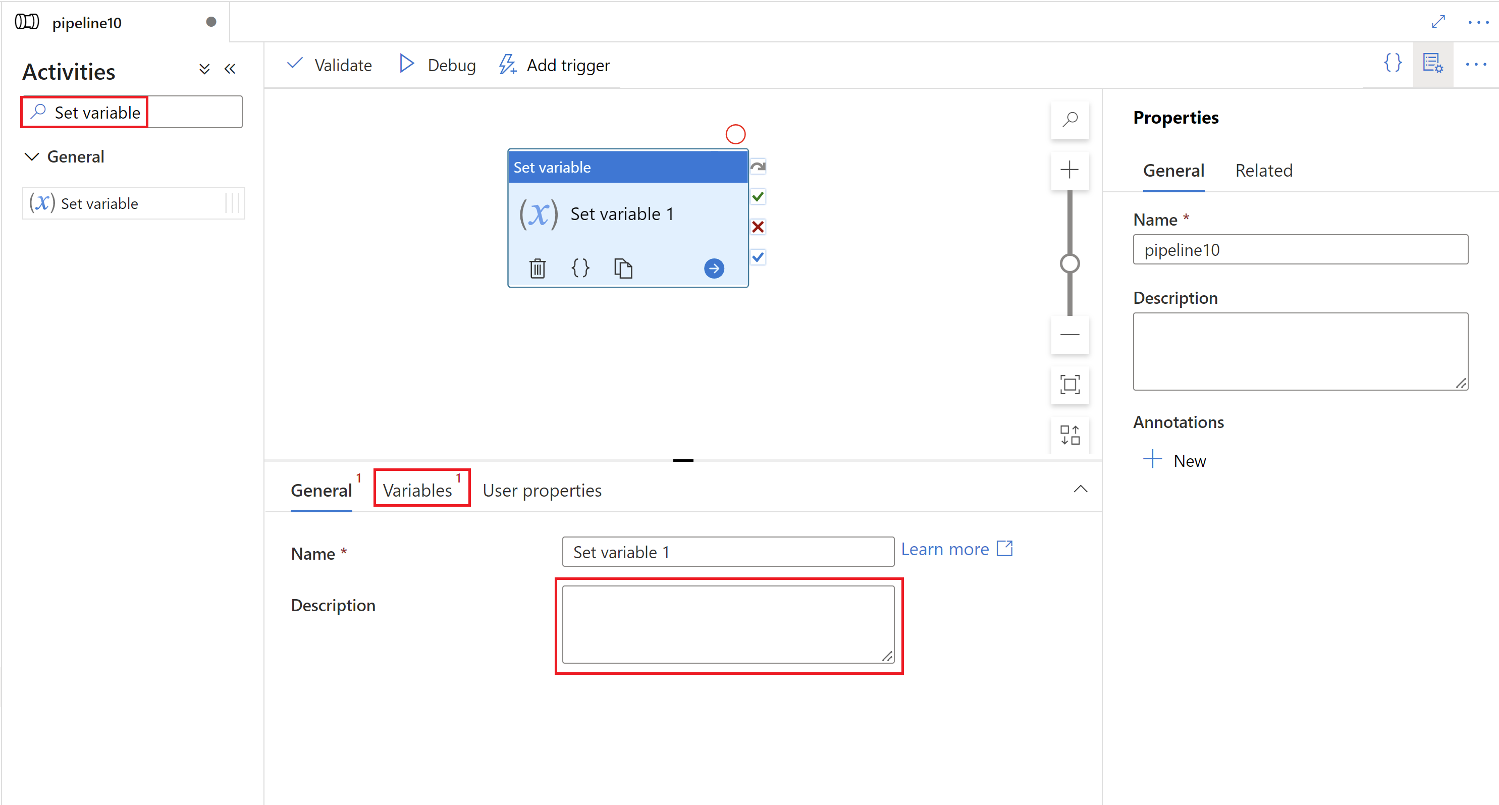 Screenshot dell'interfaccia utente per un'attività Set variable.