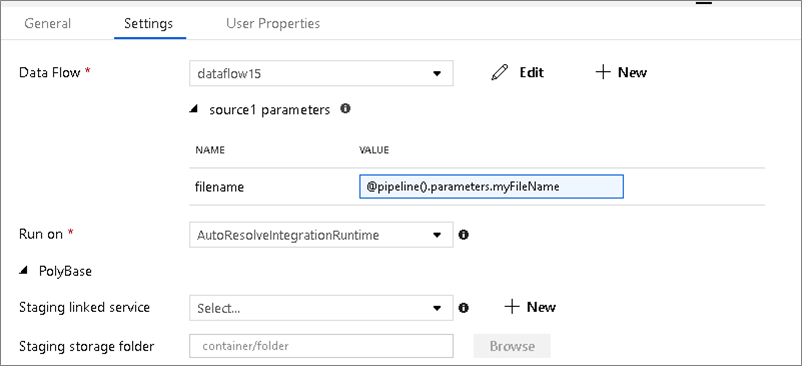 Esegui Parametri del Flusso di Dati