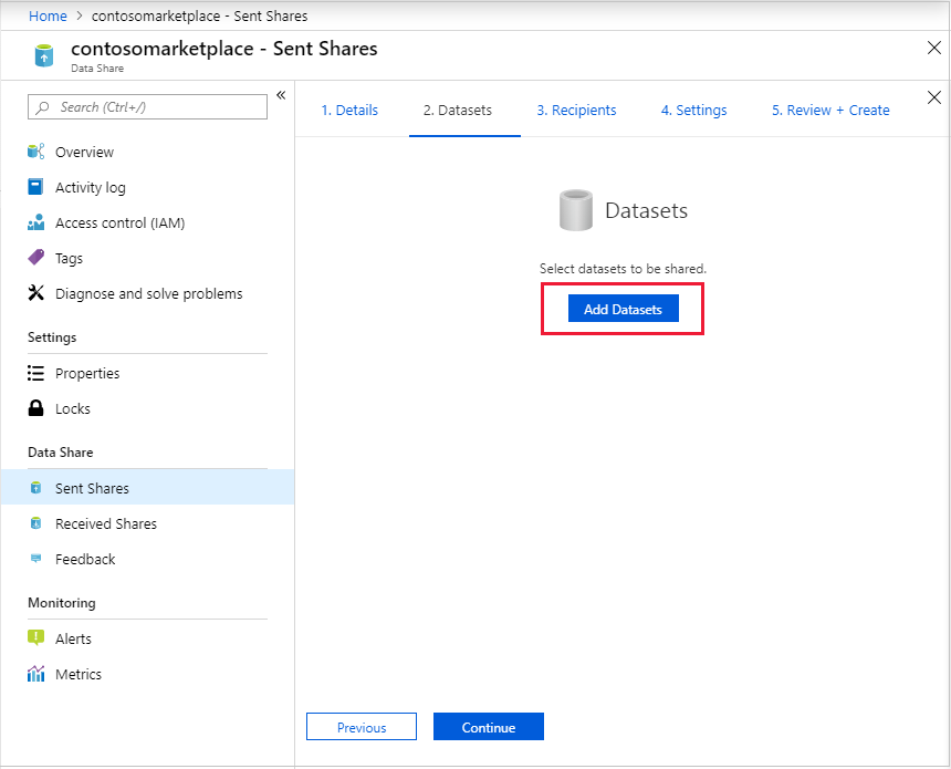 Screenshot della pagina set di dati nella creazione della condivisione con il pulsante Aggiungi set di dati evidenziato.
