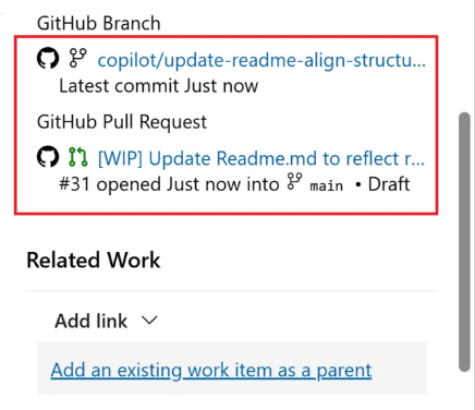 Screenshot della sezione Sviluppo che mostra una pull request GitHub collegata con indicatori di dettaglio dello stato chiuso, revisione e controllo.