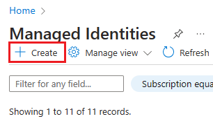 Screenshot che mostra il pulsante Crea in Identità gestite.