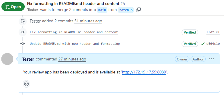 Screenshot che mostra il commento dell'app di revisione in GitHub.