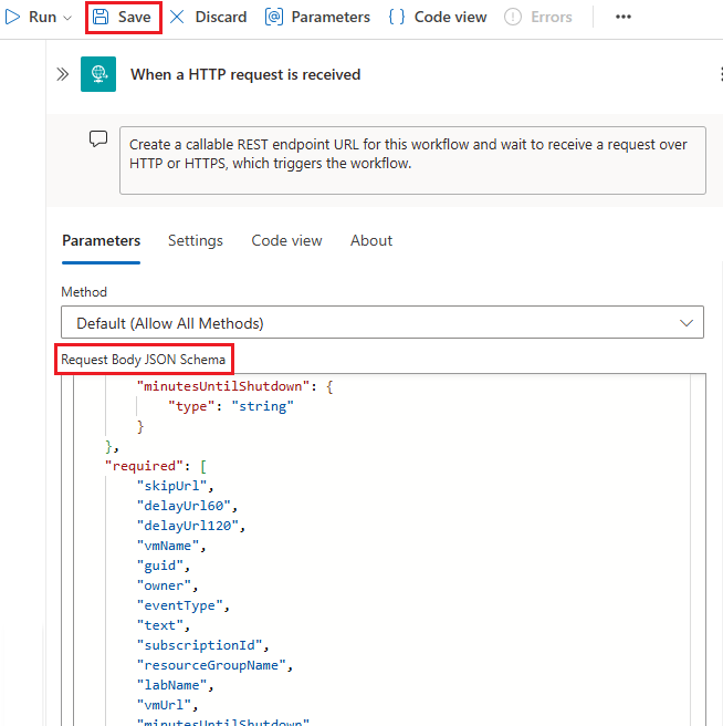 Screenshot che mostra lo schema JSON del corpo della richiesta nella finestra di progettazione.