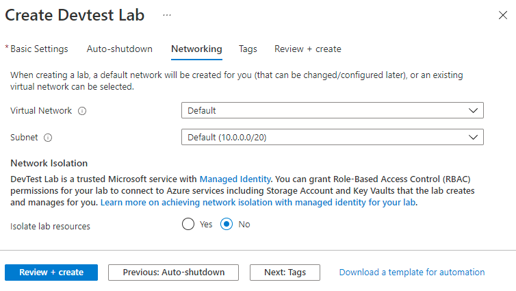 Screenshot della scheda Rete nel modulo di creazione di DevTest Labs.