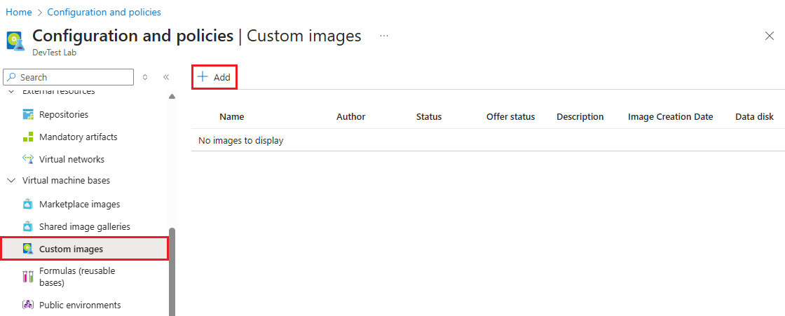 Screenshot che mostra la pagina Immagine personalizzata con il pulsante Aggiungi.